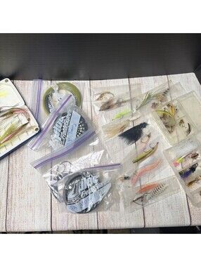Vintage Fishing Lot Hand Made Fly Lures And Reel Line